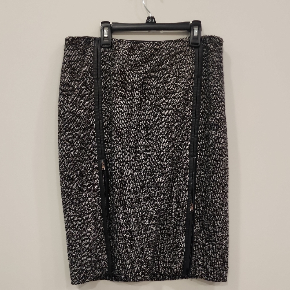 Marc Cain Leather And Tweed Pencil Skirt With 2 Adjustable Zippers, Size N4
